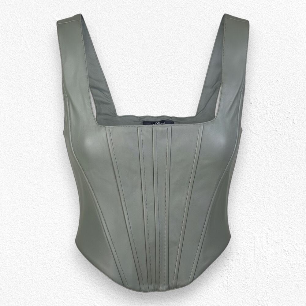 7 For All Mankind Faux Leather Corset Top Olive Green Crop Bustier Size XS NWT